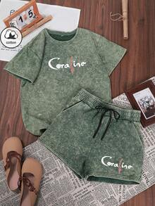 Es Trus Cotton, Bộ đồ mùa hè in họa tiết Hip-Hop "Minh họa chữ cái cổ điển" họa tiết cá nhân hóa đường phố dành cho nữ, Phiên bản Hàn Quốc của trang phục Y2k thời trang cổ điển thoải mái khi đi làm, Phù hợp cho hoạt động giải trí ngoài trời, Bộ đồ hai mảnh áo phông tay ngắn cổ tròn vừa vặn màu xanh lá cây đậm phong cách Punk thông thường - Màu xanh lá cây đậm - Xem 3