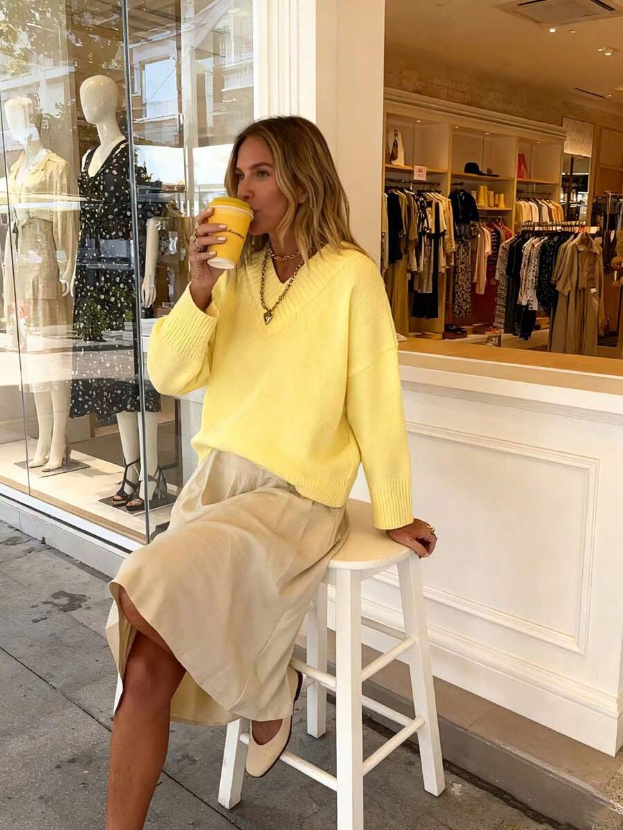 Women's Daily Casual Solid Color Drop Shoulder Loose V-Neck Long Sleeved Pullover Sweaters Tunic Fit Soft Slouchy Ribbed Jumper Elegant Sweater, Fall Winter - Yellow - View 1