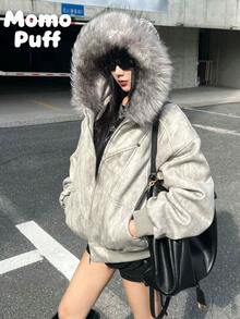 New For 2026: Hooded, Fur-Collared, Padded Coat For Couples, Unisex, Tie-Dye, Thick, Warm Outerwear, Cold Weather, Versatile, Cotton Jacket, Unisex Down Jacket, Plain, Casual, Fuzzy, Zipper, Pockets, Perfect For Everyday Wear - Light Grey - View 2