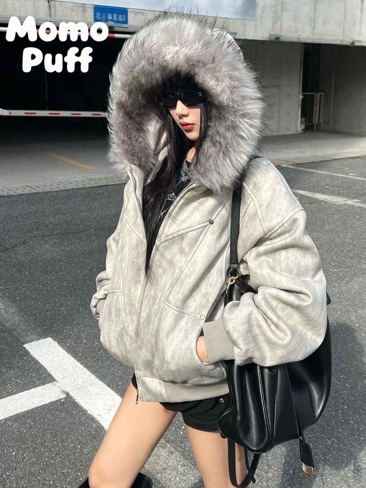 New For 2026: Hooded, Fur-Collared, Padded Coat For Couples, Unisex, Tie-Dye, Thick, Warm Outerwear, Cold Weather, Versatile, Cotton Jacket, Unisex Down Jacket, Plain, Casual, Fuzzy, Zipper, Pockets, Perfect For Everyday Wear - Light Grey - View 1