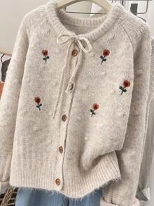 Wixra Autumn/Winter New Knitted Cardigan, Embroidered Floral Slouchy, Round Neck, Versatile Commuter Top - Apricot - View 2