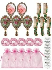 Brodark 5件/25件复古玫瑰水钻迷你梳子镜发圈套装，包含感谢卡和束口袋，婚礼回礼，适合伴娘、女士单身派对、新娘送礼会、生日、开学、新年、情人节礼物 - 彩色 - 查看 10