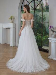 YOUKEFEIER 2025 New Elegant Sexy Off Shoulder Slit Lace Embroidered Beaded Long Wedding Dress With Adjustable Back Tie - Beige - View 4