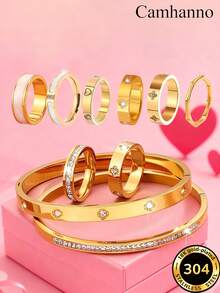 Camhanno 10/1-częściowy zestaw złotej biżuterii, lekki, luksusowy, elegancki zestaw biżuterii ze stali nierdzewnej, impreza, spotkanie, wieloelementowy, przyciągający wzrok styl, zróżnicowany design staje się przyciągającym wzrok punktem na imprezie - Złoto - Zobacz 18