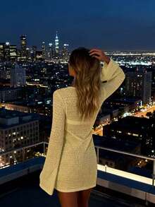 Casual Romantic Holiday Style Hollow Semi-Transparent Design Long Sleeve Bodycon Dress For Women, Spring/Summer - Yellow - View 6