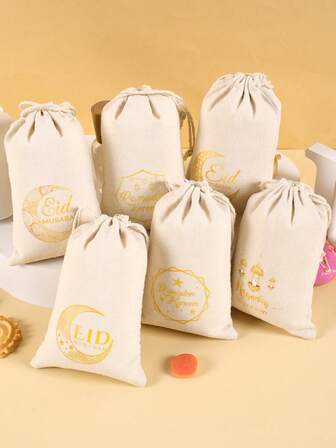 6个斋月礼品袋，带抽绳，金色月亮灯笼图案，开斋节快乐，棉质小抽绳袋，适用于开斋节派对装饰、节日派对礼品袋（可用于珠宝收纳）、斋月派对用品礼品包装