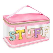 1 pieza Bolsa de maquillaje transparente con diseño de letras para niñas, bolsa de pelo con parche de chenilla en color rosa/azul/morado, bolsa de cosméticos de viaje con asa y cremallera, organizador impermeable de TPU para accesorios de pelo para niñas - Multicolor - Ver 9