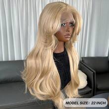 13x6 Kanekalon Futura 蕾丝前假发，22 英寸长波浪高光泽合成假发，带刘海，无需胶水，Kanekalon 耐热合成假发，自由分缝，150% 密度，适合初学者佩戴的透明蕾丝假发，适合日常、派对、节日等场合。 - 金色 - 查看 5