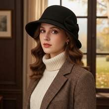 Womens Cloche Hats Stylish Solid Color Decorative Bow Bucket Hat Round Top Short Brim Church Cap - 黑色 - 查看 1