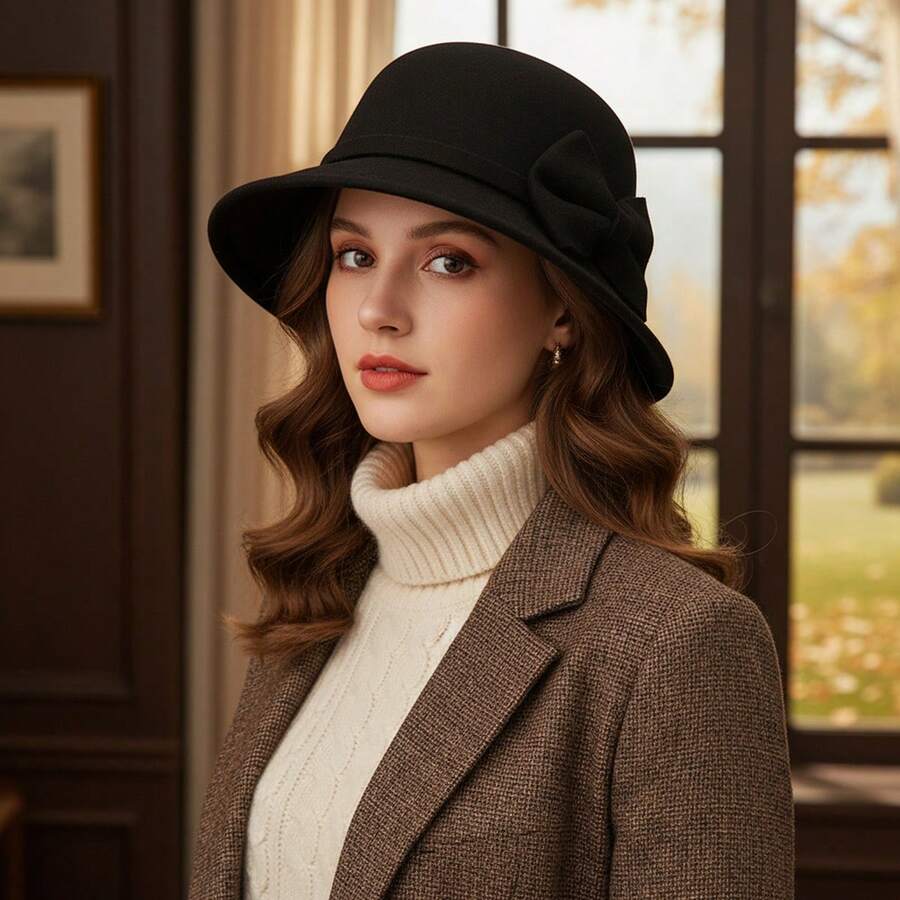 Womens Cloche Hats Stylish Solid Color Decorative Bow Bucket Hat Round Top Short Brim Church Cap - 黑色 - 查看 1