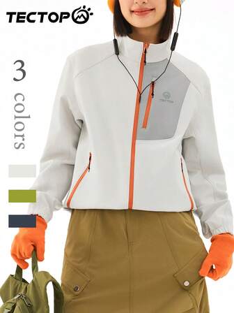 TECTOP Women's Casual Outdoor Soft Shell Jacket, Zipper Stand Collar, Thermal Lined, Zipper Pockets, Suitable For Sports, Hiking, Camping, Autumn/Winter
