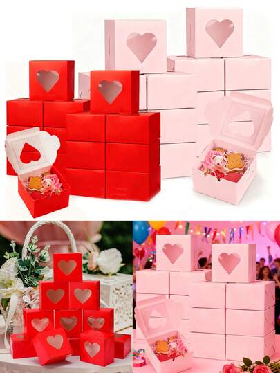 20/10 piezas Cajas de panadería con forma de corazón rosa con ventana, ideales para bocadillos, magdalenas, pasteles y postres de fresa del Día de San Valentín, adecuadas para bodas, cumpleaños y otras ocasiones, cajas de papel para hornear con diseño festivo
