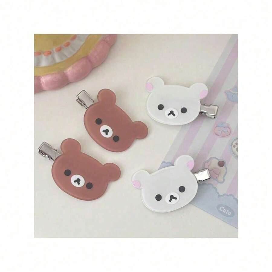 2PCS Cute And Easy Bear Hair Clip With No Trace For Girls, Side Duck Billed Clip, Sweet College Style Student Hairpin Clip, Ins Hair Clip - 兩種米色 - 查看 1
