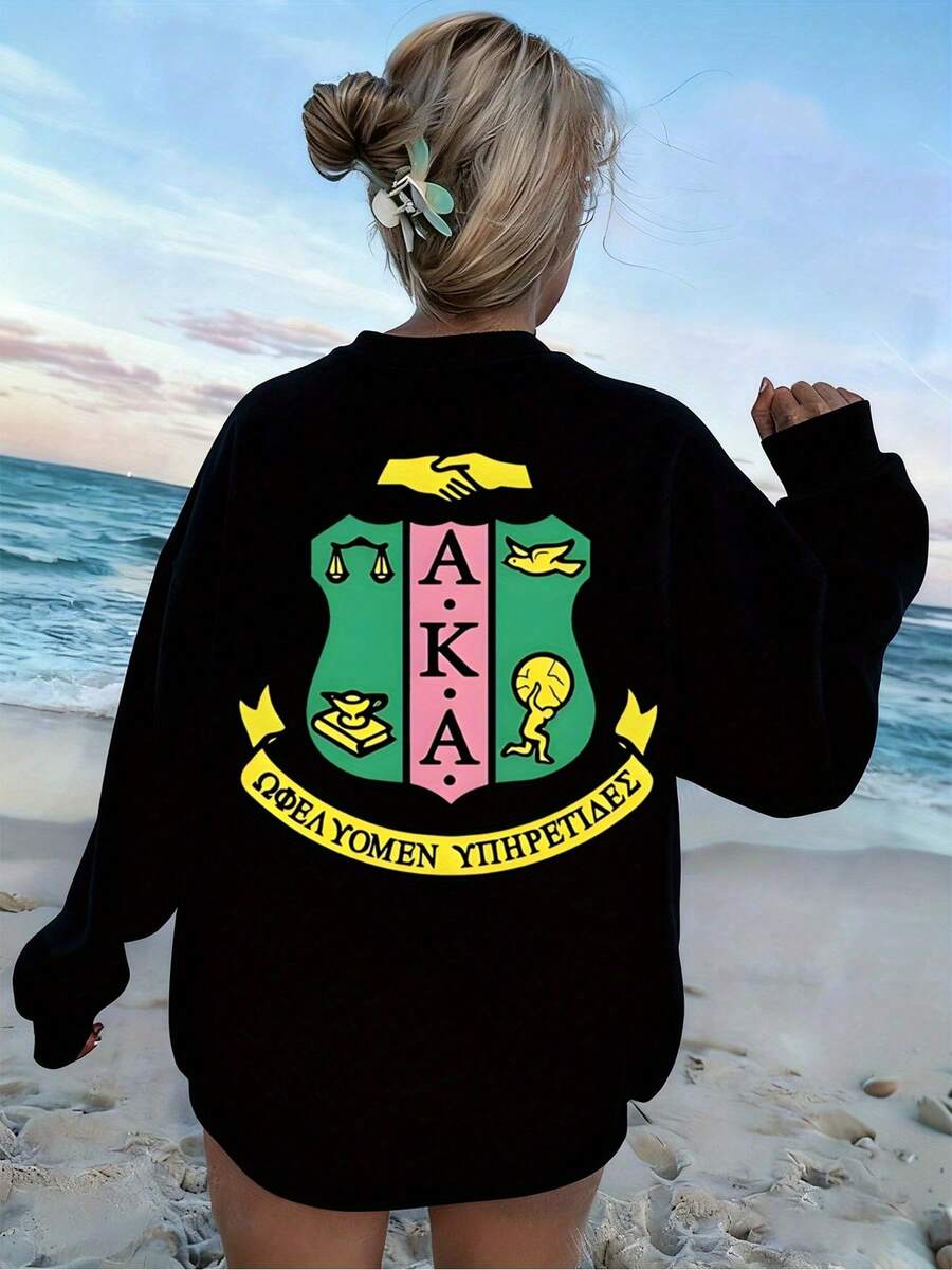 Alpha Sorority Sweatshirt With Greek Letters And Shield Design For Beach Wear And Casual Outfits - Black - View 1