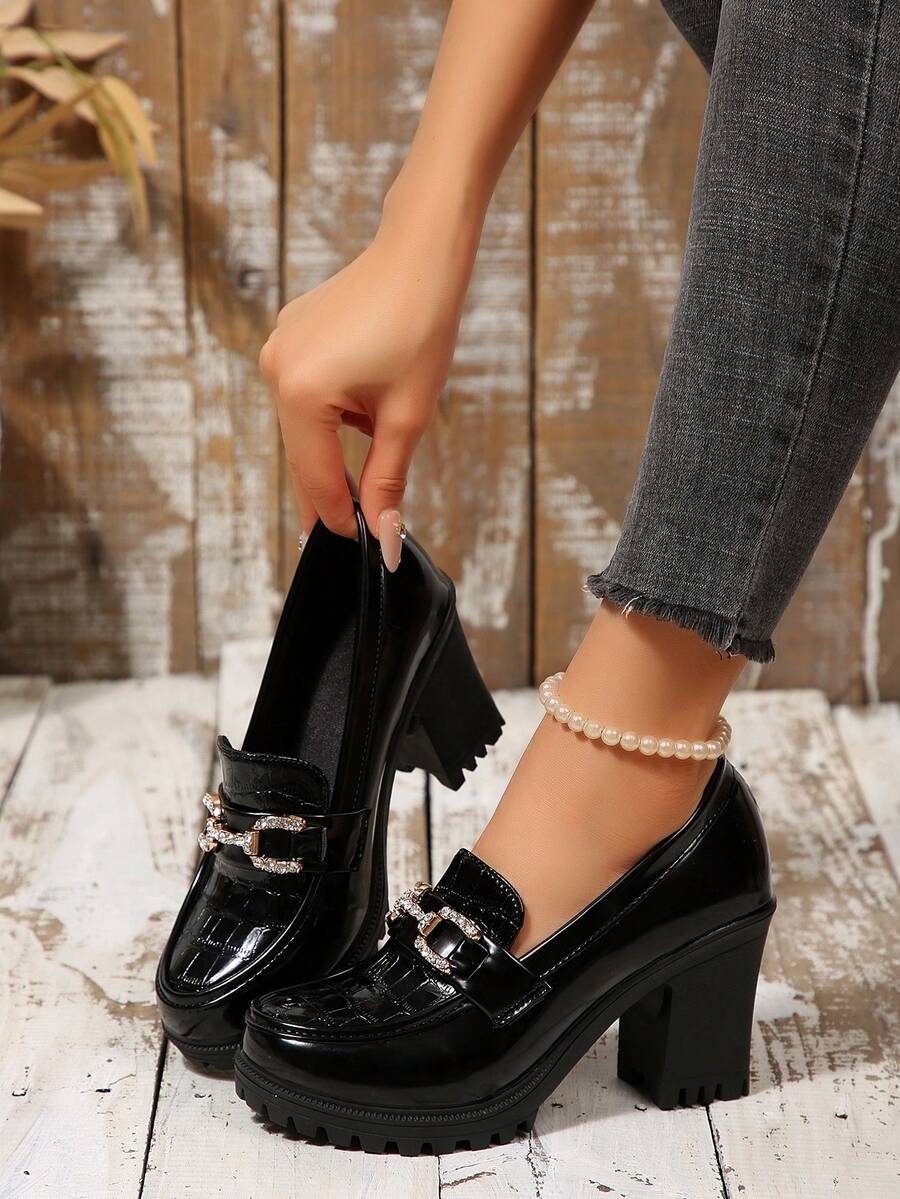 Women's Classic Thick Heel High Heels, Chunky Heel Pumps, Comfortable Work Shoes, Spring/Summer 2025 - 黑色 - 查看 1