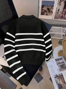 Maglione casual da donna a righe con colori a contrasto, lavorato a maglia, maniche lunghe, autunno/inverno - nero - Visualizzare 2