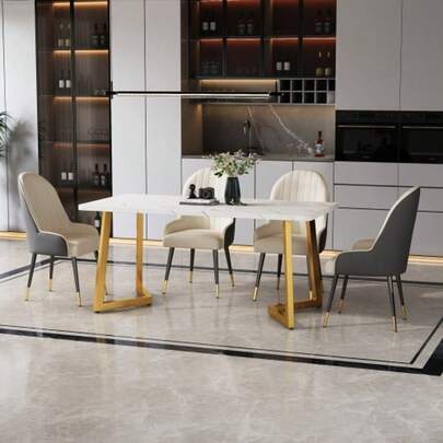 117x68cm Dining Table (1-Piece), Metal Frame, Rectangular Dining Table Made Of Modern Marble Pattern, Kitchen Table With Metal Legs For Dining Room, Living Room, White, Golden/White