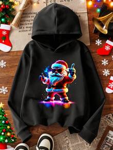 Tween Jungen Thermo-Sweatshirt mit Weihnachtsmann-Motiv, geeignet für Herbst/Winter, Langarm-Top für junge Studenten, Straße/Lässig/Designt/Alltag/Sport/Mode/Uni/Feiertage - Schwarz - Übersicht 1