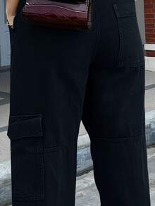 Ladies' Mid Waist Solid Color Denim Straight Leg Pants With Slanted Pockets, Suitable For Daily Commuting, Streets, Hip-Hop, Parties, Music Festivals - 黑色 - 查看 4