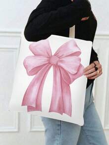 Pink Bow & Lip Print Print Double-Sided Printing Tote Bag,Polka Dots Paintings Pattern Grocery Bag,Boho Academy Style Shopping Bag,Fall Thanksgiving Gifts,Suitable For Daily Use, Picnics And Beach Vacations, Work, School, Gifts16in*14in