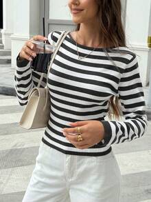 New Spring/Summer Color Block Striped Boat Neck Long Sleeve Cropped Knit Top, Korean Casual Minimalist Fitted Pullover Sweater, Everyday Commute Street Wear Autumn Women's Clothing - Black and Pearl White - View 2