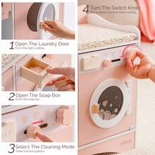 ROBUD 2-In-1 Doll Changing Table And Styling Chair - Pink Wooden Baby Care Play Toy Set With Simulated Washing Machine And Flip Table, Suitable For Children Aged 3-12 - Pink - View 6