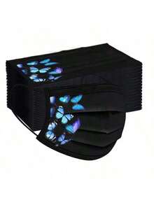 10 piezas Máscara facial de tela no tejida elegante y transpirable con estampado de mariposa negra, máscara protectora de moda para uso diario de mujeres - Multicolor - Ver 11