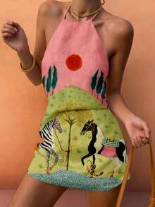 New Arrival Women's Fashion Elegant Casual Holiday Lawn Tree Sun Animal Print Sleeveless Mini Skirt, Spring/Summer