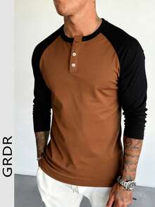 GRDR Autumn Men's Colorblock Button Design Raglan Long Sleeve T-Shirt - Camel - View 2