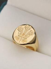1pc Classic Gold-Plated Wax Seal Signet Ring, Adjustable Family Ring Suitable For Men, Party Jewelry - Ring - View 7