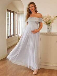 Joyfunear Pregnant Women's Off-Shoulder Sequin Contrast Mesh Long Dress