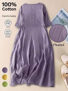 女士休闲褶皱宽松半袖纯色连衣裙，适合通勤和优雅场合、乡村/波西米亚风格、度假装、商务休闲 - 紫色 - 查看 1