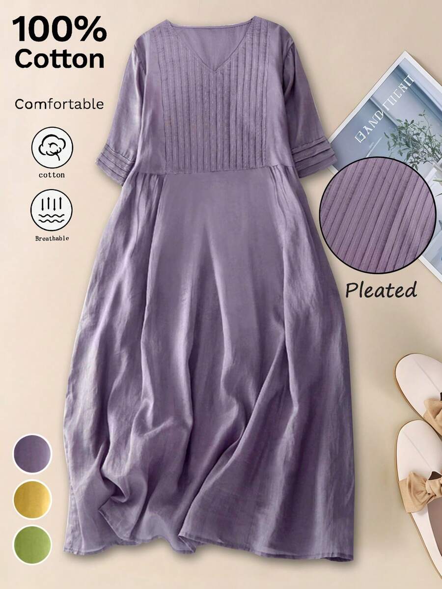 女士休闲褶皱宽松半袖纯色连衣裙，适合通勤和优雅场合、乡村/波西米亚风格、度假装、商务休闲 - 紫色 - 查看 1
