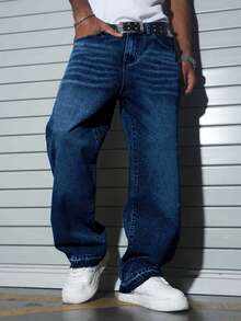 Men's Casual Straight Leg Washed Denim Jeans - Dark Wash - View 6