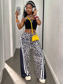 豹纹阔腿裤，休闲宽松条纹拼接长裤，显瘦时尚，四季皆宜 - 彩色 - 查看 5