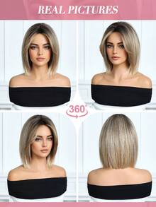 10 Inch Piano Color Short Bob Wig, Dark Roots, Heat Resistant Synthetic Wig, Suitable For Women's Daily Wear, School And Music Festival Celebrations, Graduation And Holiday Gifts, Exquisite Accessory - 間色 - 查看 8