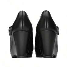 Women's Platform Wedge Pumps With Ankle Strap – Comfortable Closed Toe Dress Shoes For Work, School Uniforms, Festivals, & Special Occasions - 靜夜黑色 - 查看 5