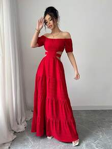 Women's Dresses, Printed Maxi Dress With Off-The-Shoulder And Waist Detail, Retro Resort-Style Dress With A Fitted Waist, Boho-Style Maxi Dress That Slims The Silhouette. - Xem 11