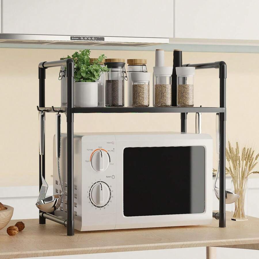 Heavy-Duty Extendable Microwave Oven Rack With Hooks - A Space-Saving Countertop Storage Rack With A Sturdy Iron Structure That's Easy To Clean. Suitable For Microwaves, Ovens, And Other Appliances. Can Be Used As A Storage Rack In The Kitchen, Bathroom, Living Room, Or RV. An Ideal Space-Saving Gift.