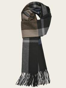 Eșarfă caldă cu ciucuri față-verso în carouri, unisex versatilă, potrivită ca și cadou de ziua de naștere pentru profesori/elevi, încălzitoare de gât lung, casual și elegantă, stil japonez/coreean - negru + gri - Vizualizare 3