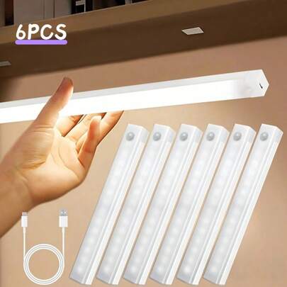 6pcs LED Motion Sensor Cabinet Lights, Wireless Night Lights, LED Motion Sensor Lights, Reading Lights, Step Lights. Ideal For Hallways, Kitchen ,Staircases, Corridors, Wardrobes, Office Desk, And Home Lighting. USB Rechargeable. LED Illumination. 200mAh,400mAh.