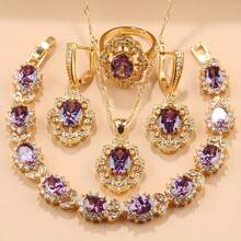 18K Gold Plated Colorful Cubic Zirconia Fashion Party Luxury Quality Wedding Bridal Elegant Jewelry Sets For Women Necklace Pendant Earrings Bracelet Ring 5 Pieces Sets Gift