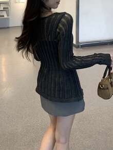 时尚镂空交叉系带长袖轻薄针织毛衣 - 黑色 - 查看 8