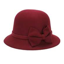 Womens Cloche Hats Stylish Solid Color Decorative Bow Bucket Hat Round Top Short Brim Church Cap - 紅色 - 查看 6