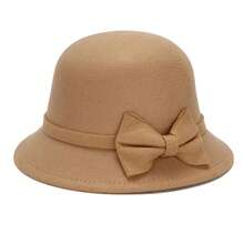 Womens Cloche Hats Stylish Solid Color Decorative Bow Bucket Hat Round Top Short Brim Church Cap - 卡其色 - 查看 6
