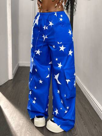 מכנסי קרגו לנשים בגזרה רפויה, מרובת כיסים, עם הדפס כוכבים צבעוני, מתאים לסגנון רחוב וללבוש יומיומי, סתיו/חורף