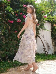 Abito da donna con spalline sottili e senza maniche, stile francese da spiaggia e vacanza, nuovo ed elegante per l'estate - Viola - Visualizzare 5
