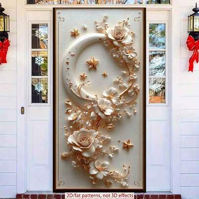 2D Polyester Ramadan Door Banner 1pc Elegant Crescent - Shaped Decor With Flowers, Stars And Pearls Eid Al-Fitr Photo Props And Supplies, Suitable For Muslim Ramadan And Eid Al-Adha Celebrations, Islamic-Themed Holiday Decorations