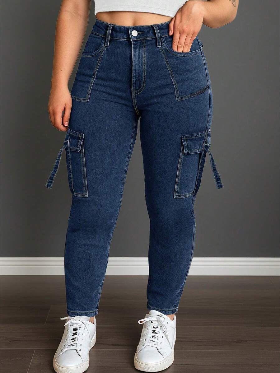 Calça Denim Cargo Skinny Estilo Y2K Plus Size, Outono