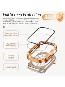 女士闪亮表壳，兼容 （38mm、40mm、41mm、42mm、44mm、45mm、46mm、49mm）。产品特点包括：闪亮水钻、防震防刮、二合一设计（硬质 PC 和钢化玻璃保护膜），兼容 Ultra/11/10/9/8/7/6/5/4/3/SE 系列，以及时尚易戴的触控表带。